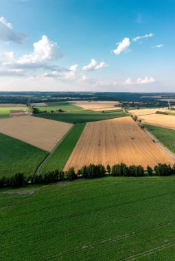 Tarım alanlarıyla dikey manzara ve gün batımında mavi bulutlu gökyüzü