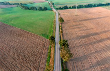 Almanya 'nın Baden Wurttemberg bölgesindeki bir köyde tarımsal tarlalardan geçen kırsal yol manzaralı.