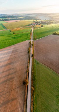 Tarım arazileri ve güneş doğarken tek şeritli yol, insansız hava aracı bakış açısı. Almanya 'nın Baden Wurttemberg kentindeki kırsal arazi ve kırsal yol manzarası