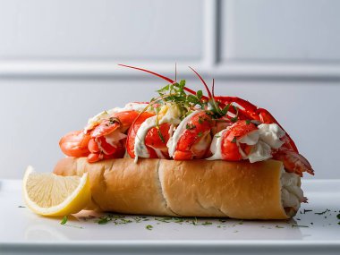 Maine Lobster Roll Sweet, tender chunks of Maine lobster, lightly dressed with mayo, served in a buttery toasted roll with a sprinkle of chives for a New England classic. clipart