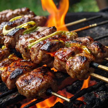 Barbekü şişleri, yanan ızgarada sebzeli et kebabı.