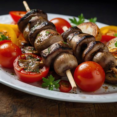 Barbekü şişleri, yanan ızgarada sebzeli et kebabı.