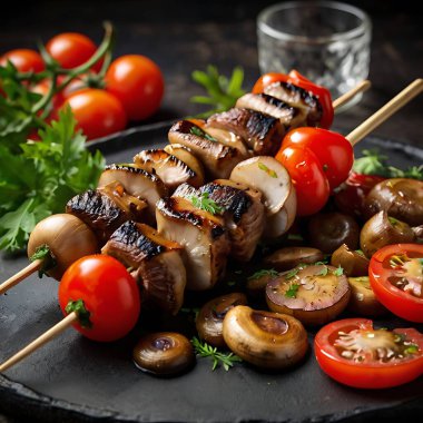 Barbecue skewers meat kebabs with vegetables on flaming grill clipart