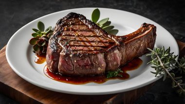 ucculent grilled tomahawk beef steak on the bone with red wine, seasonings, fresh rosemary and grilled vegetables on a black background, top view clipart