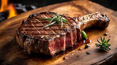 ucculent grilled tomahawk beef steak on the bone with red wine, seasonings, fresh rosemary and grilled vegetables on a black background, top view clipart