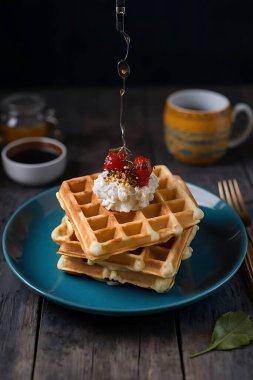 Bir tabak çilekli waffle manzarası