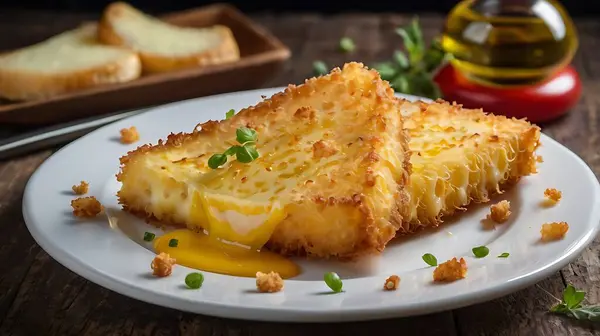 stock image Crispy Halloumi cheese sticks Fries with sweet hot sauce on white wooden board