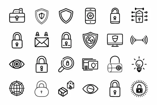 stock vector Security Line Art Icons Set Lock Shield Key Privacy and Data Protection Symbols Outline Collection