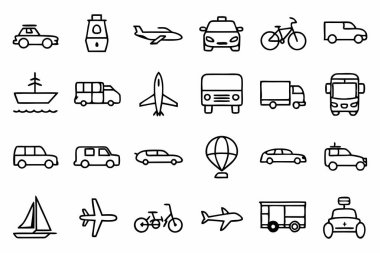 Transport line icons. Car travel. Vehicle types. Taxi and bike. Public bus. Bicycle and train body. Automobile truck or van. Helicopter and motorcycle traffic. Vector outline pictograms set