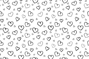 Black and white seamless pattern with doodle outline hearts clipart