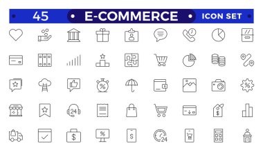 E-ticaret ana hatları simgesi seti. Çevrimiçi alışveriş ve dağıtım elementleri. E-ticaret seti. Mobil uygulamalar için. İş, dükkan, dijital pazarlama, banka kartı, hediyeler, satış, dağıtım, para, heves