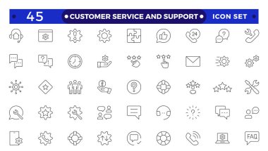 Müşteri Hizmetleri ve Destek - Özet Simge Koleksiyonu. Müşteri hizmetlerinin ince çizgili modern biçimi: geribildirim, teknik destek, yardım, bilgi ve daha fazlası. 
