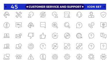 Müşteri Hizmetleri ve Destek - Özet Simge Koleksiyonu. Müşteri hizmetlerinin ince çizgili modern biçimi: geribildirim, teknik destek, yardım, bilgi ve daha fazlası. 