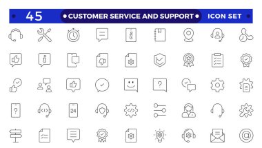 Müşteri Hizmetleri ve Destek - Özet Simge Koleksiyonu. Müşteri hizmetlerinin ince çizgili modern biçimi: geribildirim, teknik destek, yardım, bilgi ve daha fazlası. 