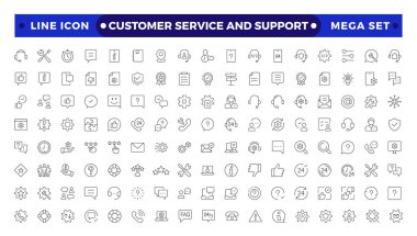 Müşteri Hizmetleri ve Destek - Özet Simge Koleksiyonu. Müşteri hizmetlerinin ince çizgili modern biçimi: geribildirim, teknik destek, yardım, bilgi ve daha fazlası.