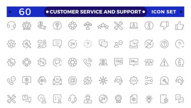 Müşteri Hizmetleri ve Destek - Özet Simge Koleksiyonu. Müşteri hizmetlerinin ince çizgili modern biçimi: geribildirim, teknik destek, yardım, bilgi ve daha fazlası. 