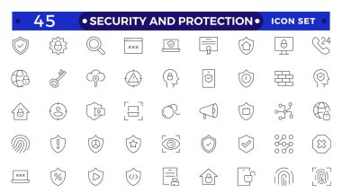 Güvenlik & Koruma Ana Hattı simgesi ayarlandı. Veri koruma sembolü. Güvenli ağ simgesi koleksiyonu. İnternet sitesi tasarımı, logo, uygulama, UI, vs. için güvenlik, koruma, ince çizgi simgeleri..