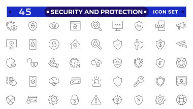 Güvenlik & Koruma Ana Hattı simgesi ayarlandı. Veri koruma sembolü. Güvenli ağ simgesi koleksiyonu. İnternet sitesi tasarımı, logo, uygulama, UI, vs. için güvenlik, koruma, ince çizgi simgeleri..