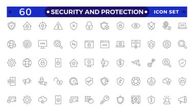 Güvenlik & Koruma Ana Hattı simgesi ayarlandı. Veri koruma sembolü. Güvenli ağ simgesi koleksiyonu. İnternet sitesi tasarımı, logo, uygulama, UI, vs. için güvenlik, koruma, ince çizgi simgeleri..
