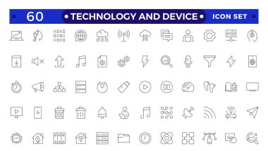 Teknoloji ve Aygıt Ağı simgeleri ana hatlarıyla. Bilgisayar monitörü, akıllı telefon, tablet, dizüstü bilgisayar, E- posta, Arama, Bulut, Ortam simgesi. Düz dizayn edilmiş büyük UI simgesi. 