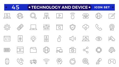 Teknoloji ve Aygıt Ağı simgeleri ana hatlarıyla. Bilgisayar monitörü, akıllı telefon, tablet, dizüstü bilgisayar, E- posta, Arama, Bulut, Ortam simgesi. Düz dizayn edilmiş büyük UI simgesi. 