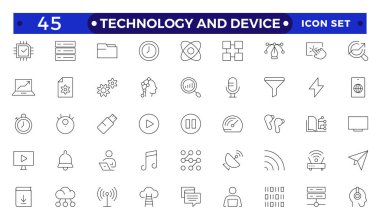Teknoloji ve Aygıt Ağı simgeleri ana hatlarıyla. Bilgisayar monitörü, akıllı telefon, tablet, dizüstü bilgisayar, E- posta, Arama, Bulut, Ortam simgesi. Düz dizayn edilmiş büyük UI simgesi. 