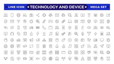 Teknoloji ve Aygıt Ağı simgeleri ana hatlarıyla. Bilgisayar monitörü, akıllı telefon, tablet, dizüstü bilgisayar, E- posta, Arama, Bulut, Ortam simgesi. Düz dizayn edilmiş büyük UI simgesi. 