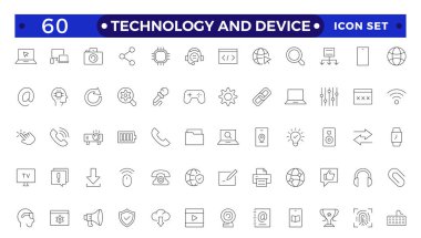Teknoloji ve Aygıt Ağı simgeleri ana hatlarıyla. Bilgisayar monitörü, akıllı telefon, tablet, dizüstü bilgisayar, E- posta, Arama, Bulut, Ortam simgesi. Düz dizayn edilmiş büyük UI simgesi. 