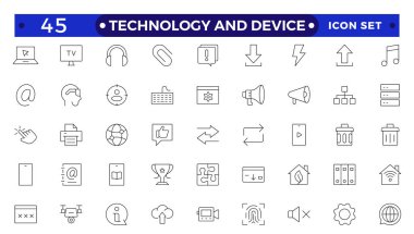 Teknoloji ve Aygıt Ağı simgeleri ana hatlarıyla. Bilgisayar monitörü, akıllı telefon, tablet, dizüstü bilgisayar, E- posta, Arama, Bulut, Ortam simgesi. Düz dizayn edilmiş büyük UI simgesi. 