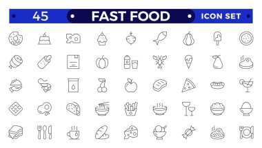 Fast food ana hatları simgeleri. Fast food vektör çizgisi ayarlandı. Hamburgerli sandviç, sosisli sandviç, kola, tatlı kahve.