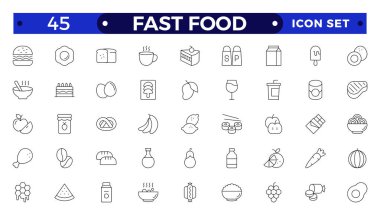 Fast food ana hatları simgeleri. Fast food vektör çizgisi ayarlandı. Hamburgerli sandviç, sosisli sandviç, kola, tatlı kahve.