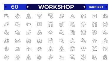 Atölye simgesi seti. Takım oluşturma, işbirliği, takım çalışması, koçluk, problem çözme ve eğitim ikonları içeriyor. Eğitim, danışmanlık, Outline simgesi koleksiyonuyla ilgili satır simgeleri kümesi