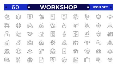 Atölye simgesi seti. Takım oluşturma, işbirliği, takım çalışması, koçluk, problem çözme ve eğitim ikonları içeriyor. Eğitim, danışmanlık, Outline simgesi koleksiyonuyla ilgili satır simgeleri kümesi