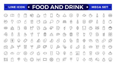 Yemek ikonu koleksiyonu. İçinde yemek, restoran, yemek ve meyve ikonu var. Yiyecek ve içecekle ilgili bir dizi taslak simgesi. Doğrusal simge koleksiyonu.