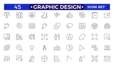 Grafik tasarımının ana hatları. Modern bir düzlükte basit doğrusal simgeler, Yaratıcı Süreç. Grafiksel tasarım, yaratıcı paket, durağan, software. Asgari Grafik Tasarım bağlantılı simge seti