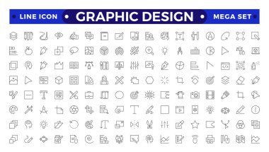 Grafik tasarımının ana hatları. Modern bir düzlükte basit doğrusal simgeler, Yaratıcı Süreç. Grafiksel tasarım, yaratıcı paket, durağan, software. Asgari Grafik Tasarım bağlantılı simge seti