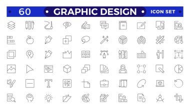 Grafik tasarımının ana hatları. Modern bir düzlükte basit doğrusal simgeler, Yaratıcı Süreç. Grafiksel tasarım, yaratıcı paket, durağan, software. Asgari Grafik Tasarım bağlantılı simge seti
