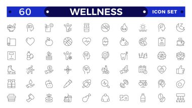 Sağlık, refah, ruh sağlığı, sağlık, kozmetik, spa, sağlık, masaj, yoga, spa, rahatlama, egzersiz, diyet ile ilgili bir dizi ikon. Taslak simge koleksiyonu. Sıhhat simgesi seti.