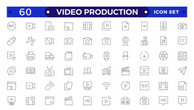 Video simgesi seti. Kamera, çalma, duraklama, medya, çevrimiçi video, canlı, prodüksiyon, oyuncu, film ve sinema ikonlarının yer aldığı video yapım ikonu taslak koleksiyonu