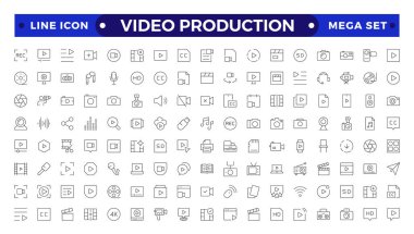 Video simgesi seti. Kamera, çalma, duraklama, medya, çevrimiçi video, canlı, prodüksiyon, oyuncu, film ve sinema ikonlarının yer aldığı video yapım ikonu taslak koleksiyonu