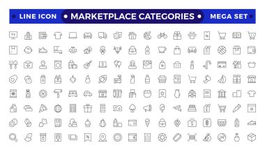 Pazar Kategorileri ana hatları Simgeler ayarlandı. E-ticaretle ilgili ikonların modern ince çizgi tarzında vektör illüstrasyonları: ev eşyaları, elektronik eşyalar ve ev aletleri, giysiler ve daha fazlası