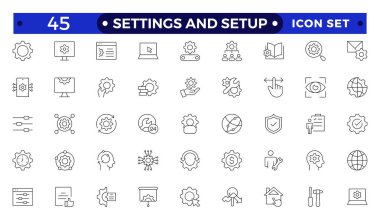 Ayarlar ve kurulum simgesi seti. Seçenekler, yapılandırma, tercihler, ayarlamalar, işletim, dişli, kontrol paneli, eşitleyici, optimizasyon ve kurulum simgelerini içerir. İnce çizgi simgesi koleksiyonu