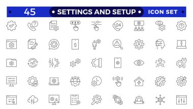 Ayarlar ve kurulum simgesi seti. Seçenekler, yapılandırma, tercihler, ayarlamalar, işletim, dişli, kontrol paneli, eşitleyici, optimizasyon ve kurulum simgelerini içerir. İnce çizgi simgesi koleksiyonu