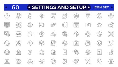 Ayarlar ve kurulum simgesi seti. Seçenekler, yapılandırma, tercihler, ayarlamalar, işletim, dişli, kontrol paneli, eşitleyici, optimizasyon ve kurulum simgelerini içerir. İnce çizgi simgesi koleksiyonu
