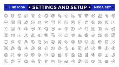 Ayarlar ve kurulum simgesi seti. Seçenekler, yapılandırma, tercihler, ayarlamalar, işletim, dişli, kontrol paneli, eşitleyici, optimizasyon ve kurulum simgelerini içerir. İnce çizgi simgesi koleksiyonu.