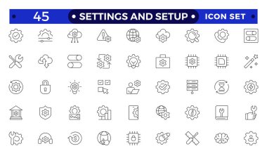 Ayarlar ve kurulum simgesi seti. Seçenekler, yapılandırma, tercihler, ayarlamalar, işletim, dişli, kontrol paneli, eşitleyici, optimizasyon ve kurulum simgelerini içerir. İnce çizgi simgesi koleksiyonu