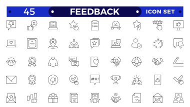 Geribildirim Özeti Simge Koleksiyonu. İnce Çizgi Seti, Sınıflandırma, Tanıklık, Hızlı Tepki, Memnuniyet ve daha fazlası gibi simgeler içerir. Basit simge seti