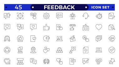 Geribildirim Özeti Simge Koleksiyonu. İnce Çizgi Seti, Sınıflandırma, Tanıklık, Hızlı Tepki, Memnuniyet ve daha fazlası gibi simgeler içerir. Basit simge seti