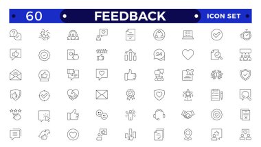 Geribildirim Özeti Simge Koleksiyonu. İnce Çizgi Seti, Sınıflandırma, Tanıklık, Hızlı Tepki, Memnuniyet ve daha fazlası gibi simgeler içerir. Basit simge seti