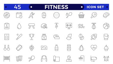 Spor salonu ve spor salonu ikonu seti. Sağlıklı yaşam tarzı, ağırlık eğitimi, vücut bakımı ve egzersiz malzemesi ikonları içerir. Taslak simge koleksiyonu.